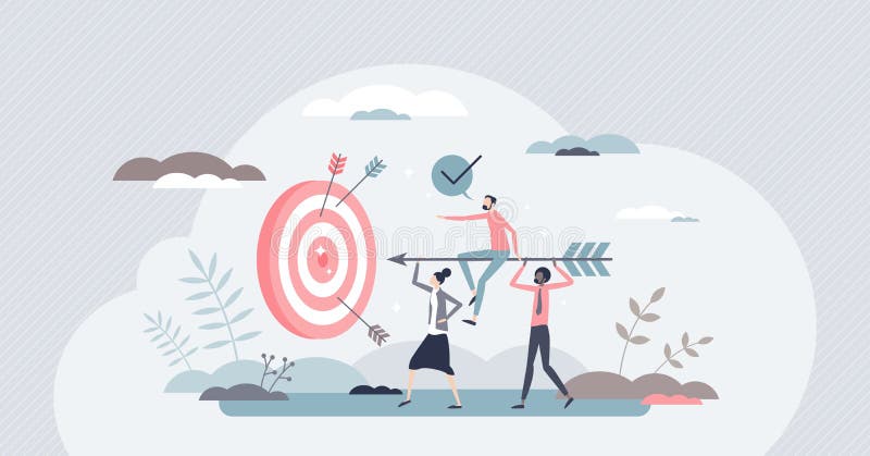 Aim to target as business teamwork effort and goal focus tiny person concept