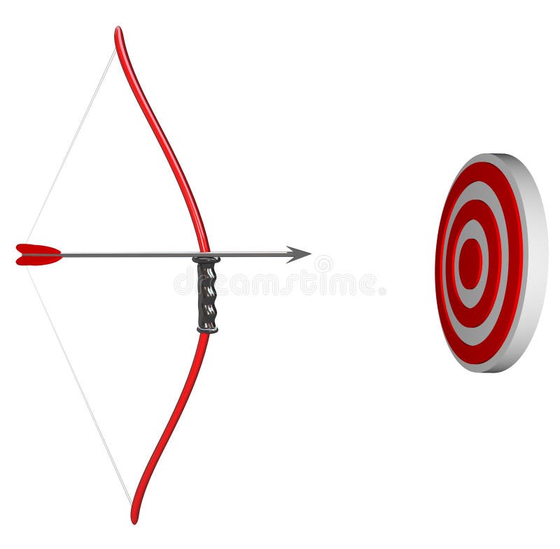 A bow and arrow is held aiming at a target bulls-eye, representing concentration as you focus on succeeding in hitting your goal. Aiming target illustrations