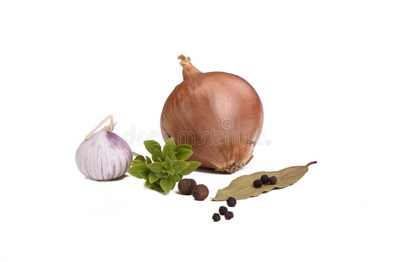 Ainda vida com cebola, alho, manjericão, folha de louro com pimenta Isolado no branco foto de stock royalty free Ainda vida com cebola, alho, manjericão, folha de louro com pimenta Isolado no branco foto de stock royalty free