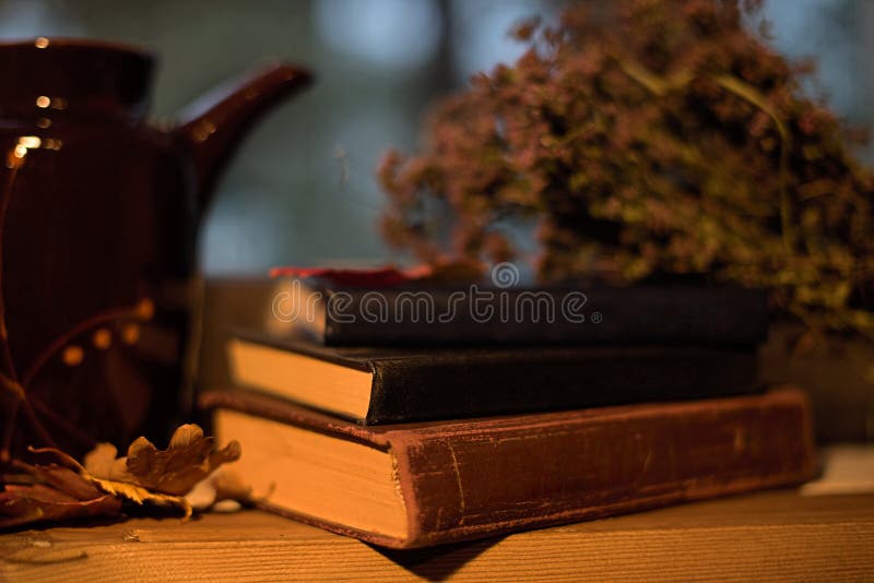 Ainda vida com livros, chá, bule, ervas na soleira imagens de stock royalty free Ainda vida com livros, chá, bule, ervas na soleira imagens de stock royalty free