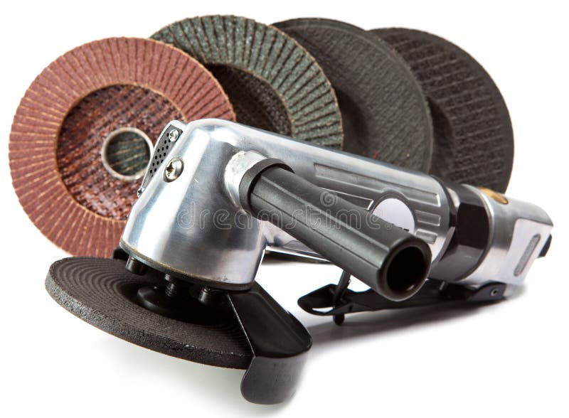 Air Angle Grinder and Different Grinding Wheels on White Background