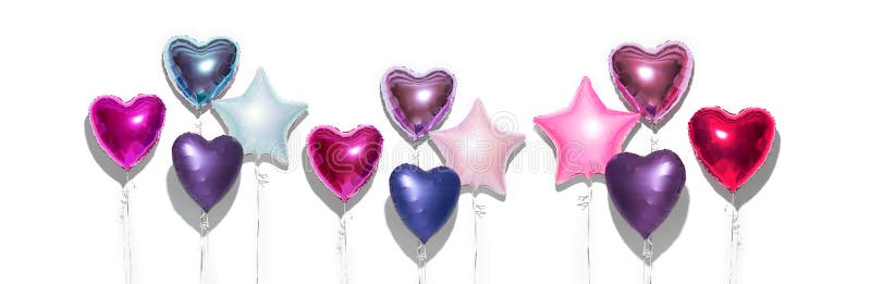 Air Balloons. Bunch of purple heart shaped foil balloons, isolated on white background. Love. Holiday celebration. Valentine`s purple, red, pink, blue. Day party decoration. Metallic balloon Birthday