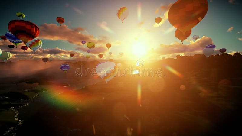 Air balloons flying above lake surrounded by mountains, beautiful sunrise, camera lifting