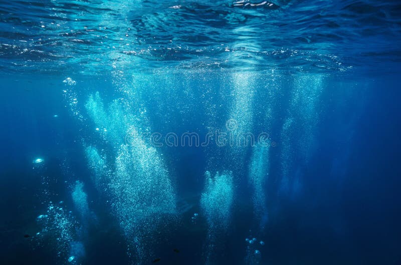 Air bubbles underwater sea rising to water surface