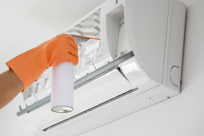 Air Conditioner Cleaning with Spray Foam Cleaner Stock Image Image of