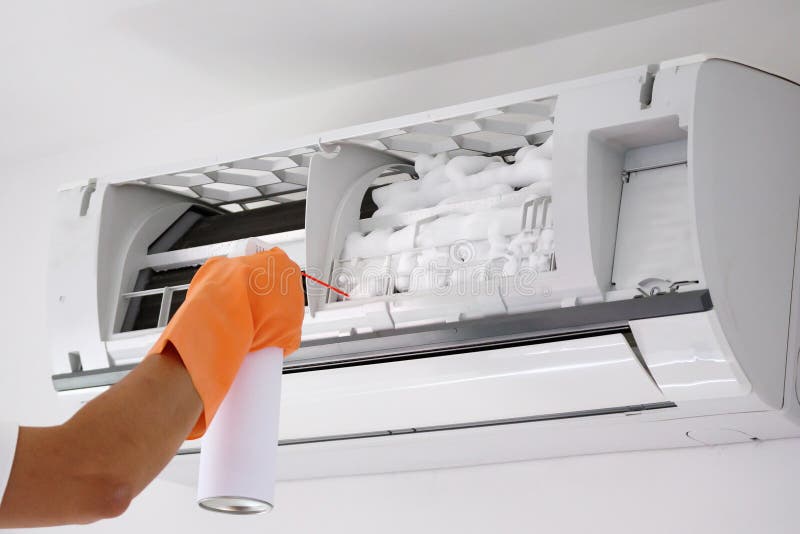 Air Conditioner Cleaning with Spray Foam Cleaner Stock Photo Image of