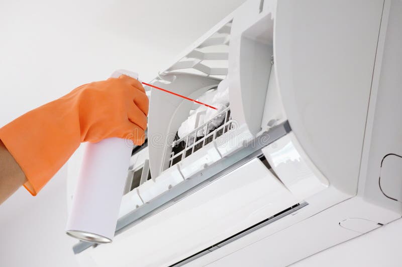 Air Conditioner Cleaning with Spray Foam Cleaner Stock Photo Image of