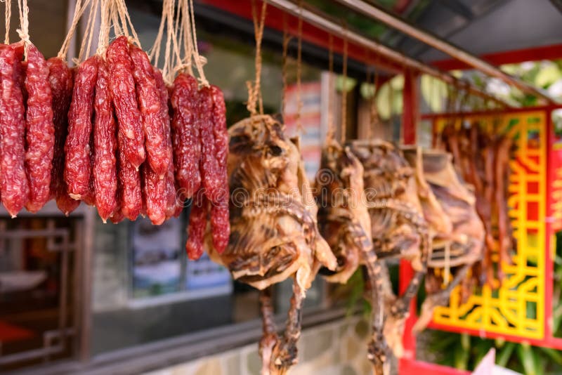 Airdried Sausages and Ducks Hanging on Shelf Stock Image Image of