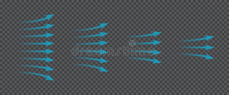 Air flow. Set of blue arrows showing direction of air movement. Wind direction arrows. Blue cold fresh stream from the