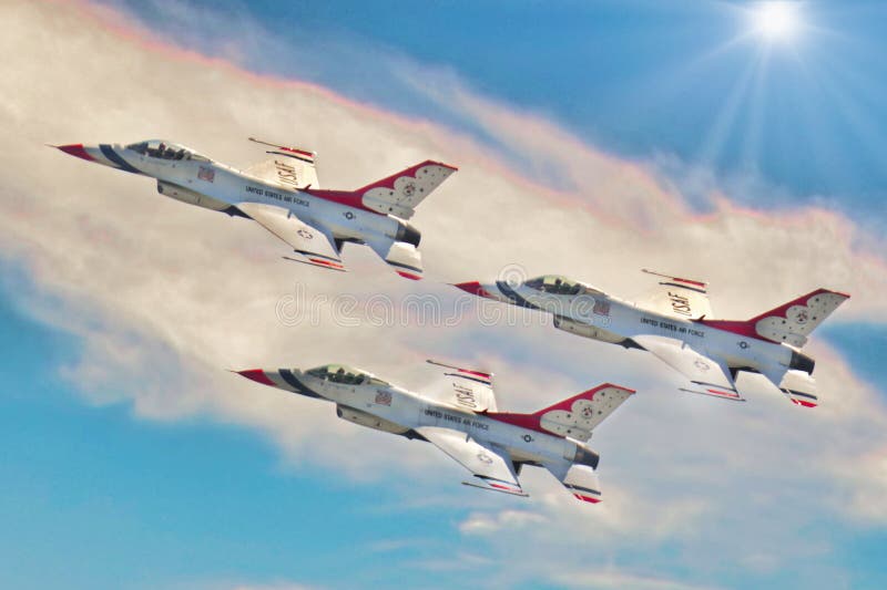 Stunt pilots would be an understatement for these high flying acrobatics. They fly in close formation at speeds of over 400 miles per hour! Here are three Thunderbirds soaring in the sunlight on. a beautiful day. Stunt pilots would be an understatement for these high flying acrobatics. They fly in close formation at speeds of over 400 miles per hour! Here are three Thunderbirds soaring in the sunlight on. a beautiful day