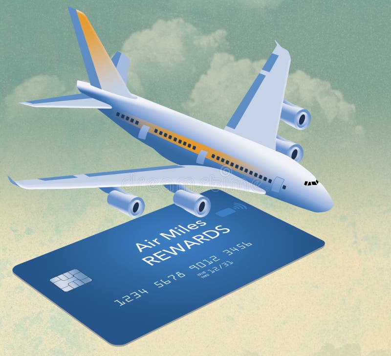 An air miles reward credit card is seen isolated on a sky background with an airliner
