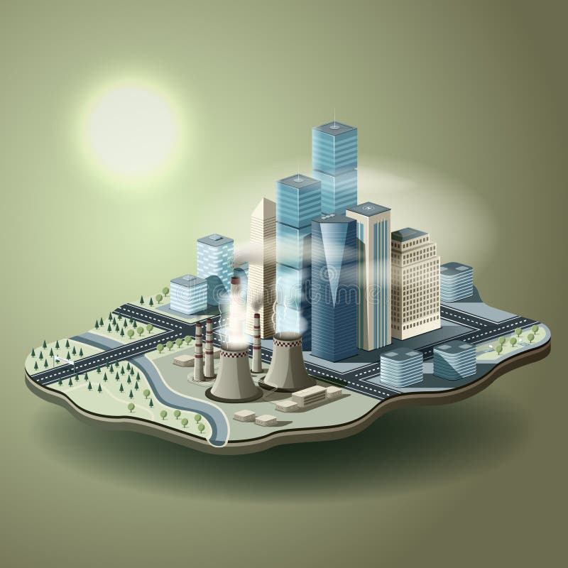 Air pollution in big city. Vector isometric illustration of environmental pollution concept. stock illustration Air pollution in big city. Vector isometric illustration of environmental pollution concept. stock illustration