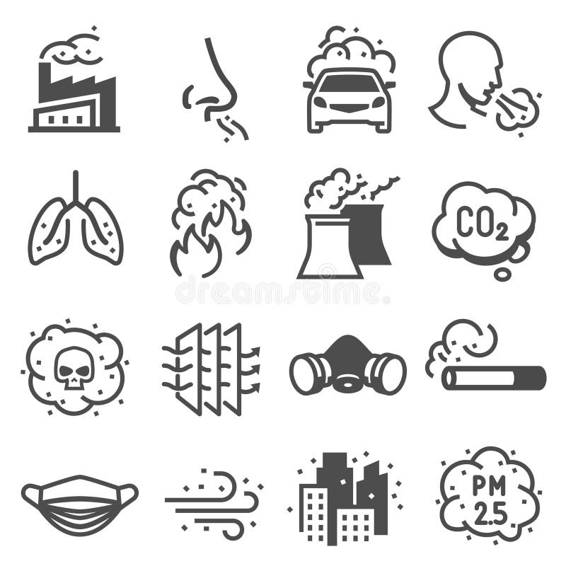Air pollution control engineering icons, environmental, chemical, civil problems. Toxicology and epidemiology symbols. Vector line art illustration on white background. Civil engineering line art vectors