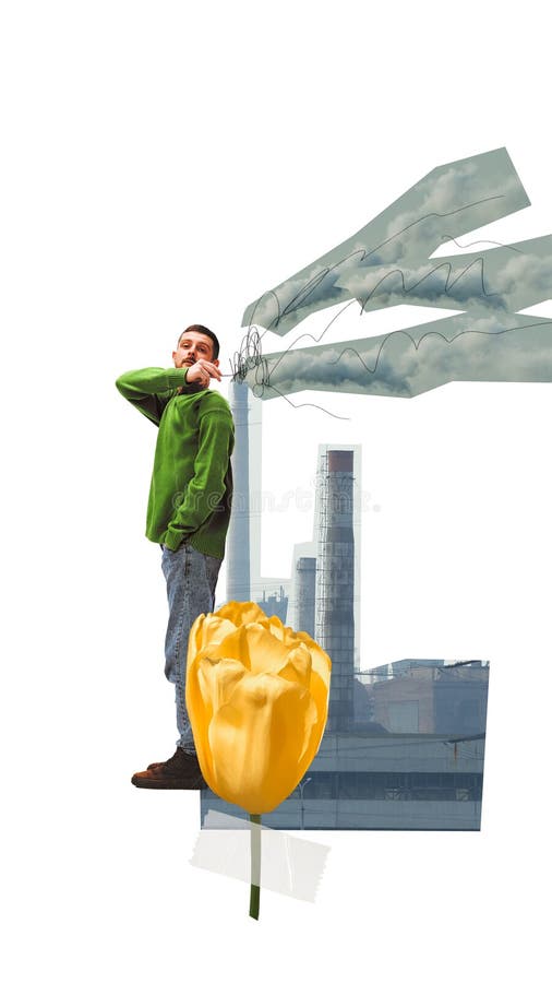 Air pollution du top factory development. Young guy claiming to take care after nature and environmental issues. Contemporary art collage. Concept of ecology, environment, problem, awareness