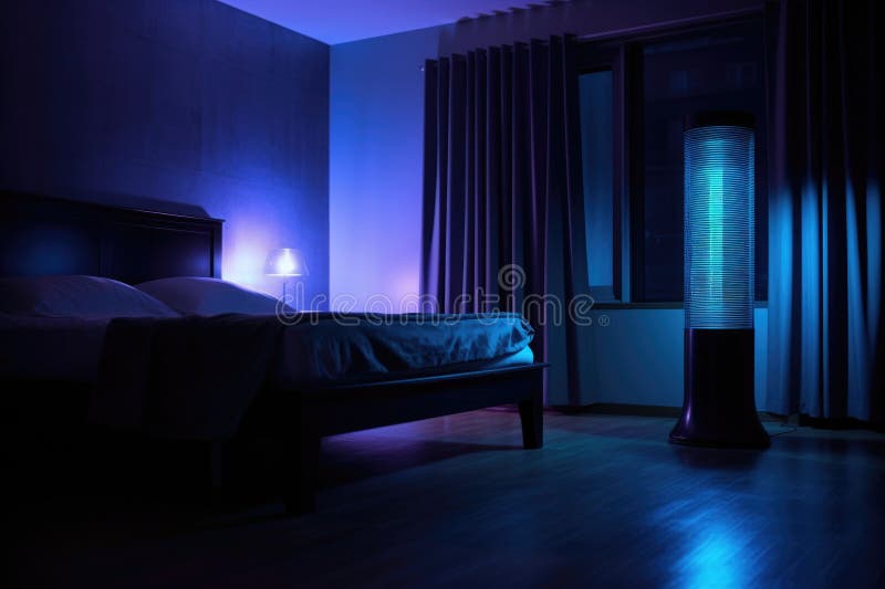 Air Purifier Glowing in Dark Bedroom at Night Stock Illustration ...