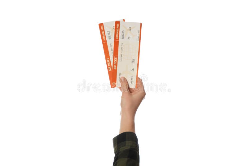 Air ticket in hand isolated on white background. Planning trip, summer vacation stock photography Air ticket in hand isolated on white background. Planning trip, summer vacation stock photography