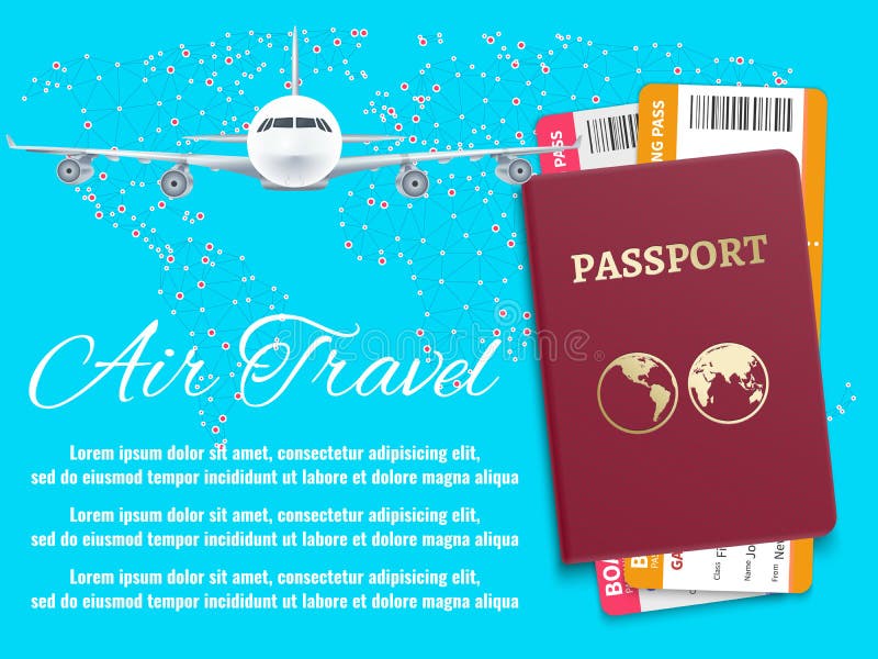 Air travel banner with world map airplane passport stock illustration Air travel banner with world map airplane passport stock illustration