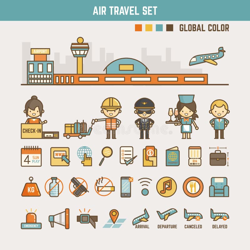 Air travel infographic elements for kids including characters and icons. Aircraft arrival sign vectors