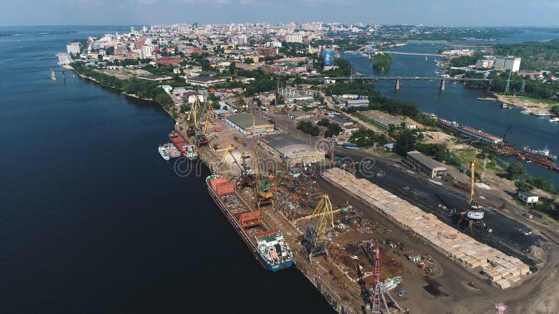 Air view of the river port In Russia, Samara city