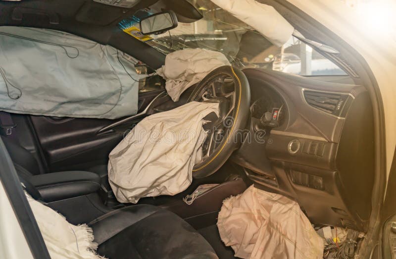 Interior Of Car After Accident With Safety Airbag Deployed Stock Photo
