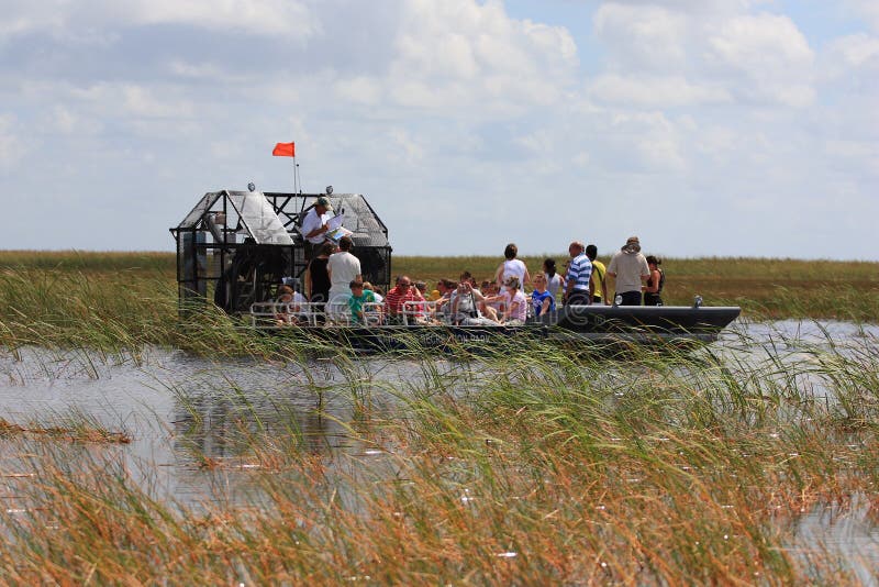 Airboat with lots of tourists looking for alligators at Sawgrass Recreational Park. Airboat with lots of tourists looking for alligators at Sawgrass Recreational Park