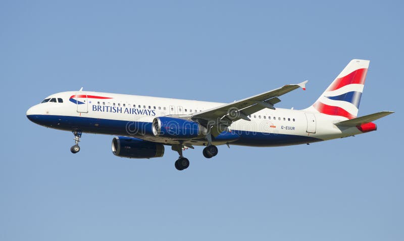 ST. PETERSBURG, RUSSIA - AUGUST 21, 2015: Airbus A320 (G-EUUR) with British Airways before landing in Pulkovo airport. ST. PETERSBURG, RUSSIA - AUGUST 21, 2015: Airbus A320 (G-EUUR) with British Airways before landing in Pulkovo airport