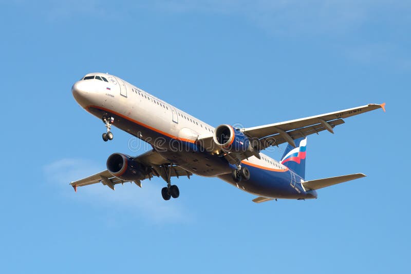 ST. PETERSBURG, RUSSIA - MARCH 20, 2016: Airbus A321-211 A. Scriabin VP-BWN of the company Aeroflot before landing in Pulkovo airport. ST. PETERSBURG, RUSSIA - MARCH 20, 2016: Airbus A321-211 A. Scriabin VP-BWN of the company Aeroflot before landing in Pulkovo airport