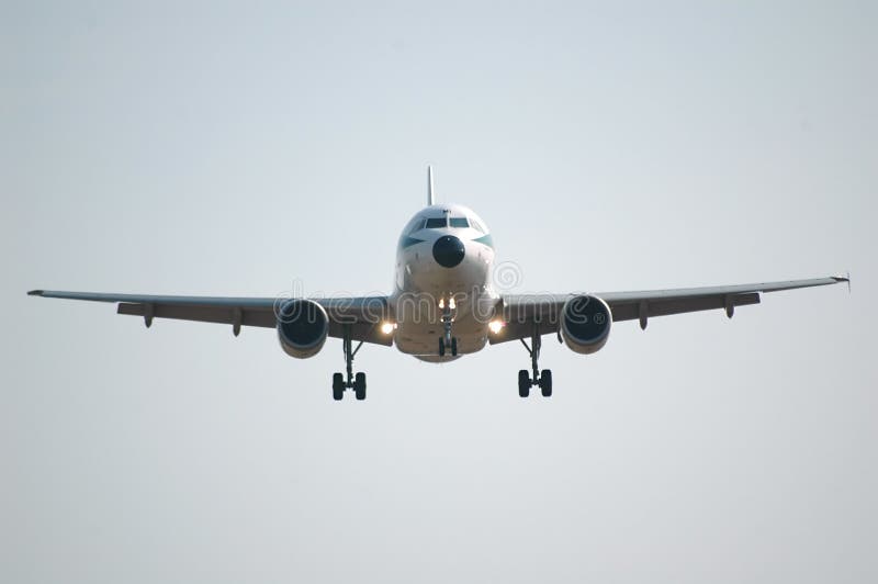 Frontal view of a landing airplane. Frontal view of a landing airplane