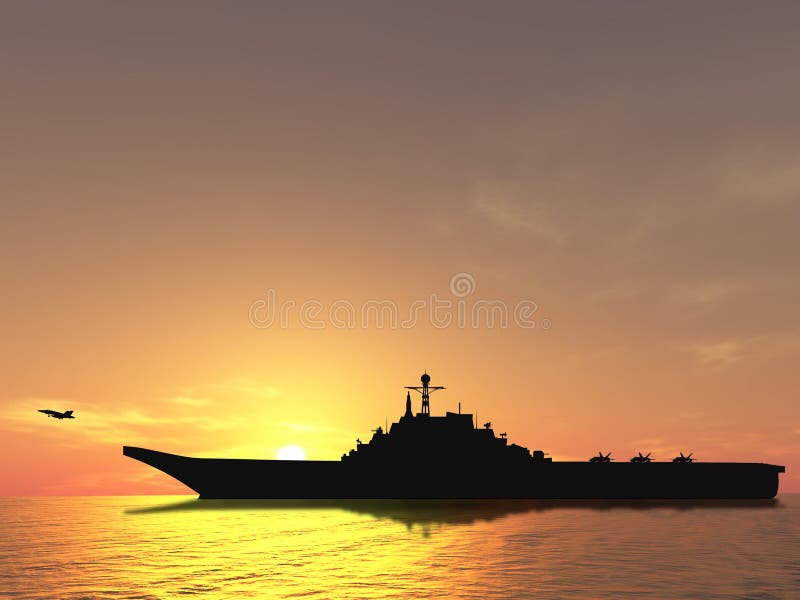 Letadlová loď na moři v blízkosti Iráku po západu slunce.