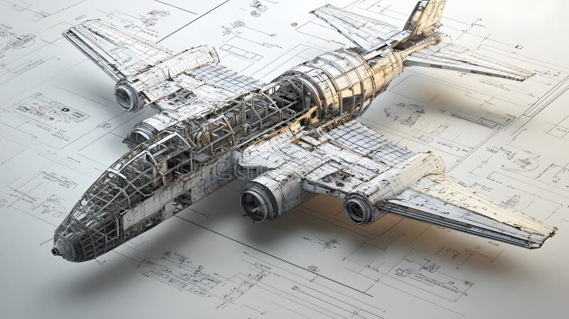 Aircraft design blueprint aerospace workshop technical illustration engineering space top-down view innovative concepts stock illustration