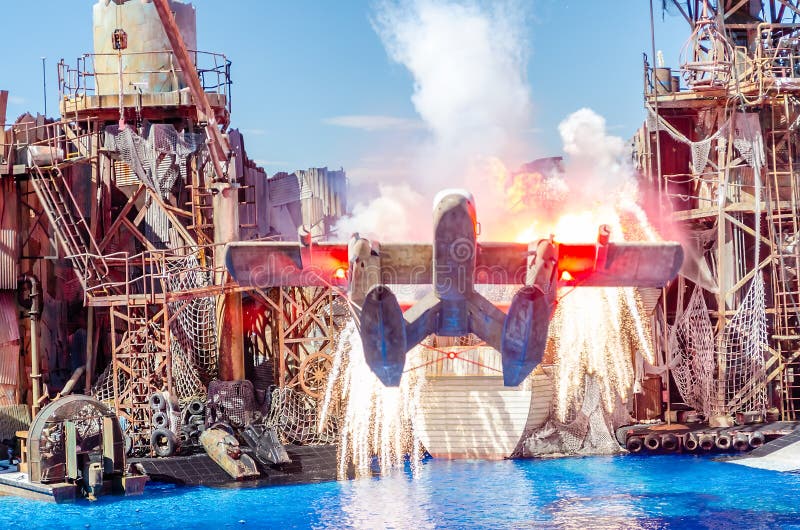 Aircraft exploding in the Waterworld Show at The Universal Studios, Hollywood