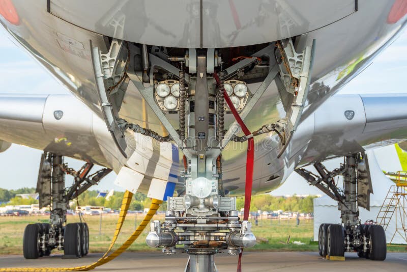 Aircraft Front View Main and Front Landing Gear with Lights Stock