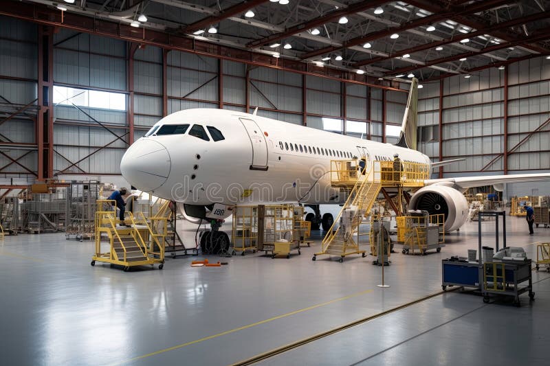 Aircraft Manufacturing Plant, with Team of Engineers and Technicians Working on the Latest Model