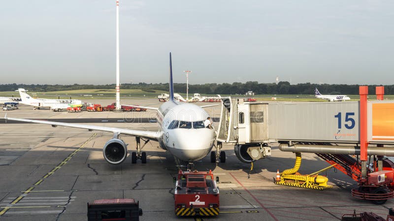 Aircrafts at the gate in the modern Terminal 2 in Hamburg