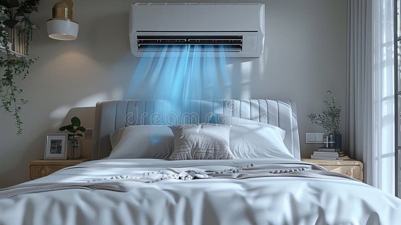 Aire acondicionado enfriamiento dormitorio moderno fresco brisa que fluye sobre la cama para dormir cómodamente. generado por ai. Escena moderna del dormitorio con aire acondicionado que libera una refrescante brisa que mejora el confort y la frescura en un ambiente sereno para dormir..