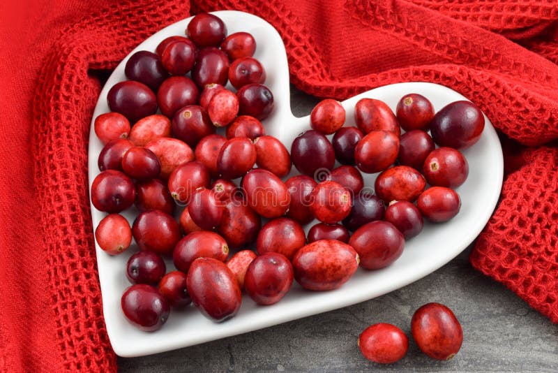 Fresh red cranberries on a heart shaped plate encircled by a textured red kitchen towel. Concept for heart health month and Valentine`s Day. Fresh red cranberries on a heart shaped plate encircled by a textured red kitchen towel. Concept for heart health month and Valentine`s Day