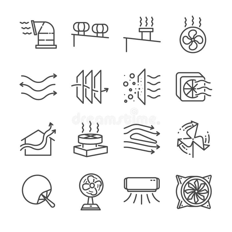 Airflow line icon set. Included the icons as airflow, turbine, fan, air ventilation, Ventilators and more.