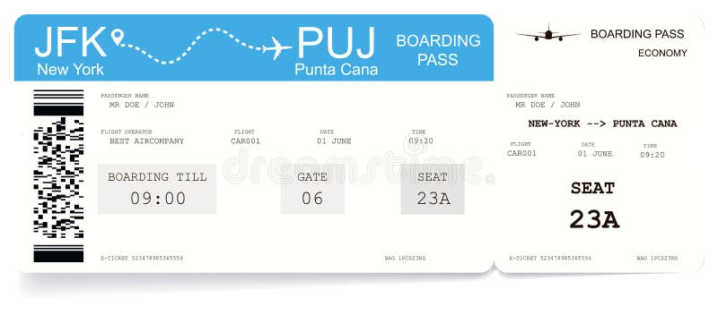 Airline boarding pass or airplane ticket. Pattern of boarding pass for flight from New-York to Punta Cana. Concept of travel to ocean or sea. Vector illustration