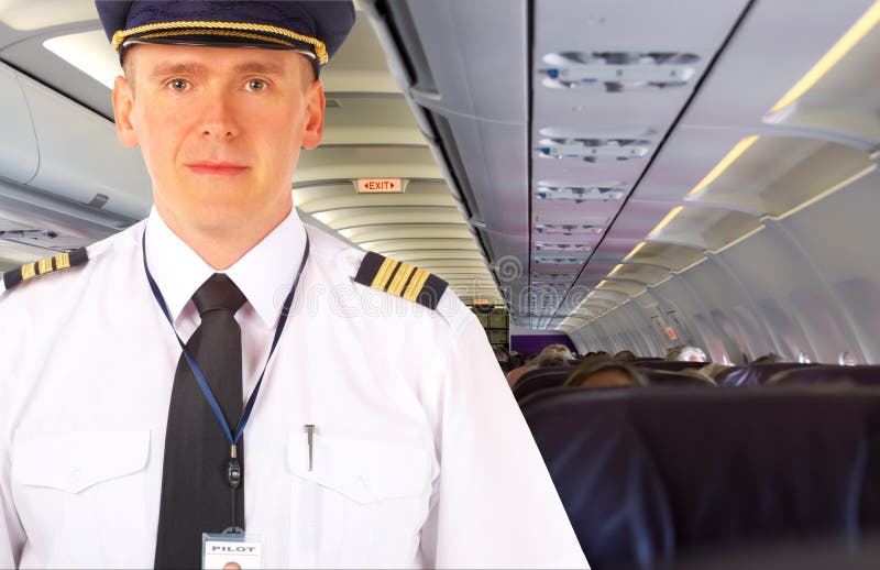 Airline pilot on board stock images