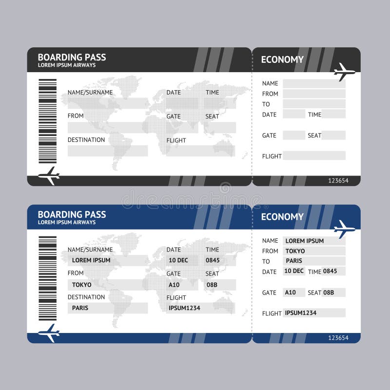 Airline Ticket Boarding Pass Blank Template and with Data for Travel Tourism. Vector illustration. Airline Ticket Boarding Pass Blank Template and with Data for Travel Tourism. Vector illustration