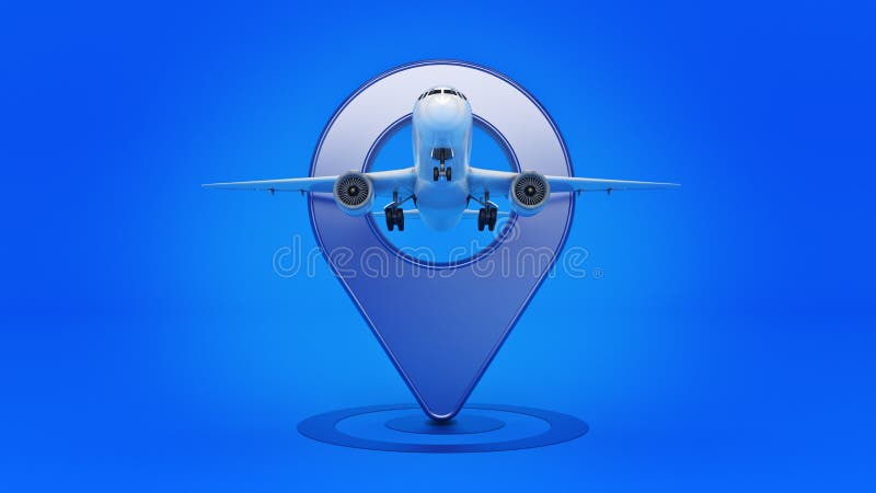 Airline travel concept. Airport pointer. Airplane and pin isolated on white. vector illustration Airline travel concept. Airport pointer. Airplane and pin isolated on white. vector illustration
