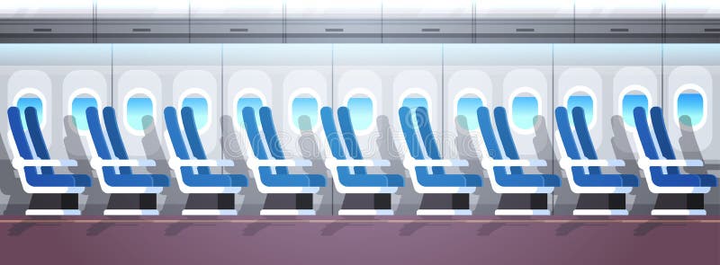 Airliner passenger seats row with portholes empty no people airplane board interior flat horizontal banner