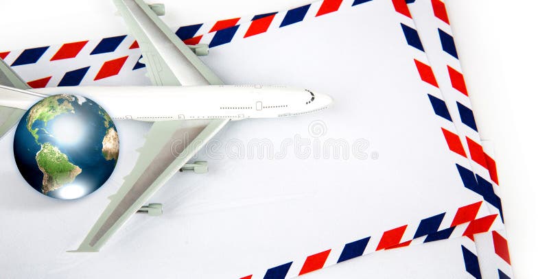 Airmail envelope with model airplane and earth