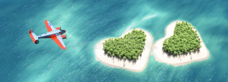 Airplane above the second heart-shaped tropical island