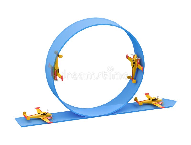 Illustration of aerobatics loop with yellow airplane model over blue arrow on white background royalty free stock photography