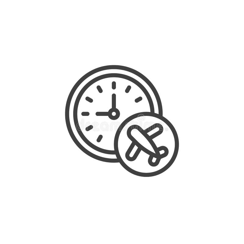 Airplane and clock line icon. linear style sign for mobile concept and web design. Flight time outline vector icon. Flight status symbol, logo illustration. Vector graphics. Aircraft arrival sign vectors