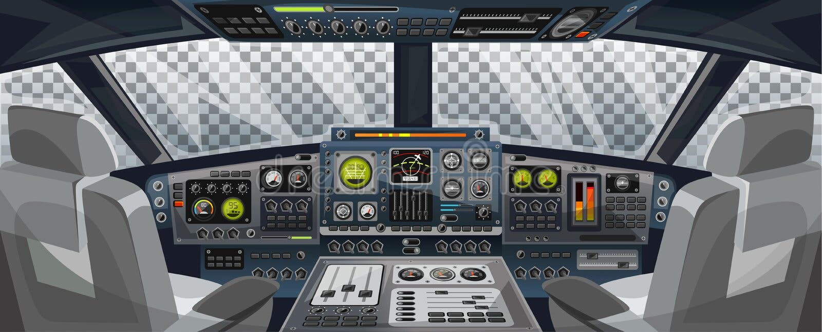 Airplane cockpit view with control panel buttons and transparent background on window view. Airplane pilots cabin with dashboard royalty free illustration Airplane cockpit view with control panel buttons and transparent background on window view. Airplane pilots cabin with dashboard royalty free illustration