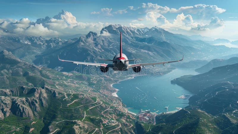 An airplane is departing from an airport, flying over stunning mountains and sea, showcasing the beauty of air travel