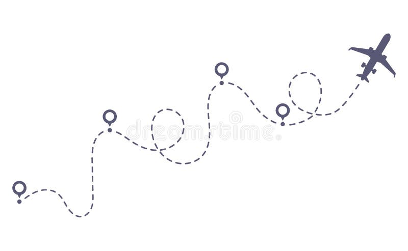 Airplane dotted route line. Flight tourism route path, plane flights itinerary starting pin to destination point vector