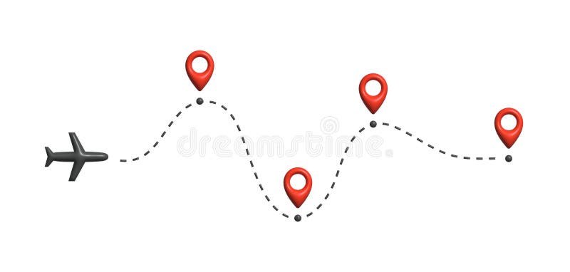 Airplane flying along dashed route with multiple location markers, symbolizing multi-stop travel, navigation, itinerary stock illustration